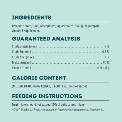 Product label with ingredients, guaranteed analysis, calorie content, and feeding instructions on a light blue background.