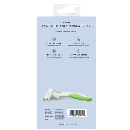 Package of a fine-tooth deshedding rake with product details on a light blue background