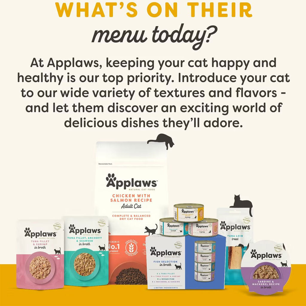 Applaws cat food products on a white background with text about keeping cats happy and healthy.