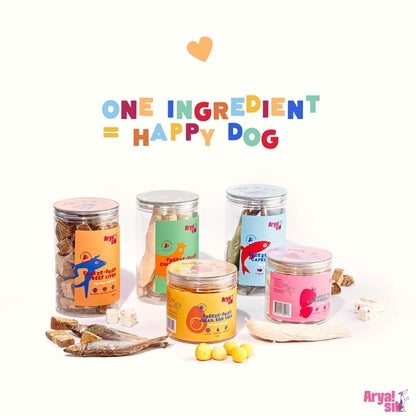 Assorted pet food containers with colorful labels on a white background, featuring the text 'One Ingredient = Happy Dog'.