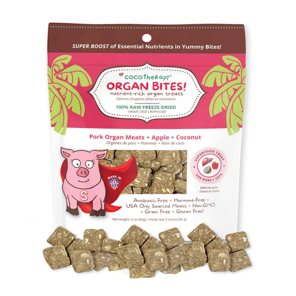 Package of CocoTherapy Organ Bites with treats displayed in front