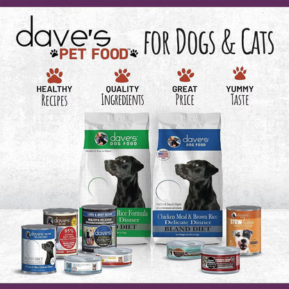 Dave's Pet Food products for dogs and cats with text highlighting features on a white background.