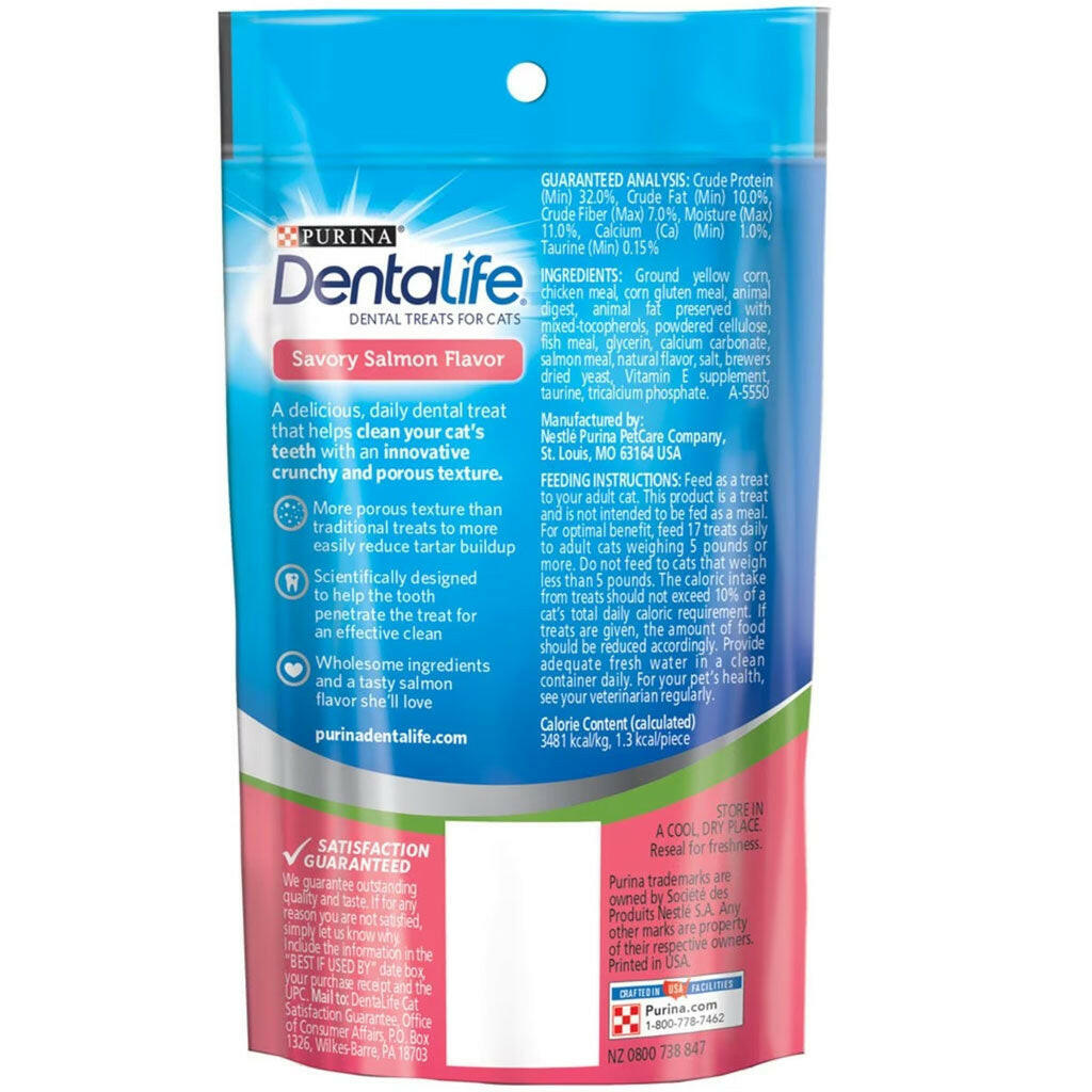 Back Label of Purina DentaLife Savory Salmon Crunchy Bites Dental Cat Treats