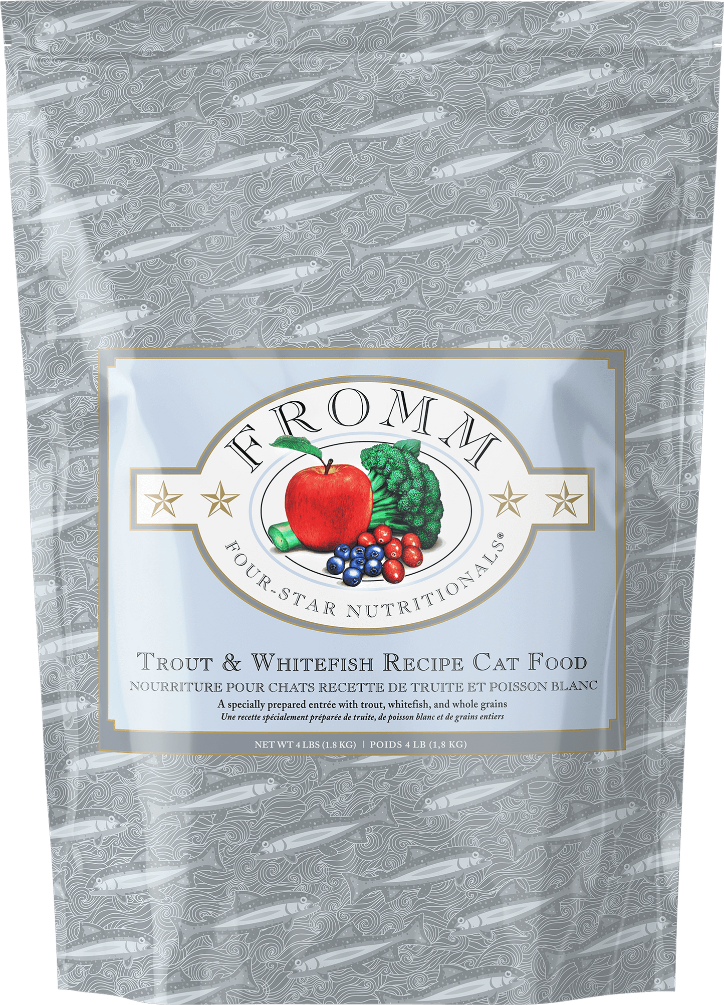 Package of Fromm Four-Star Nutritional Trout & Whitefish Recipe cat food with a gray background