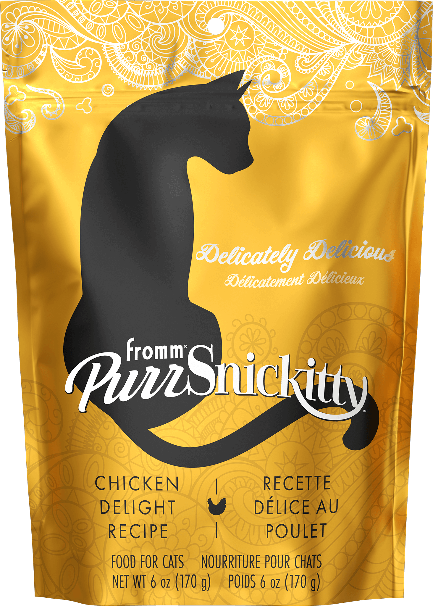 Cat food package with yellow background and black cat silhouette, featuring the brand 'PurrSnickitty'.