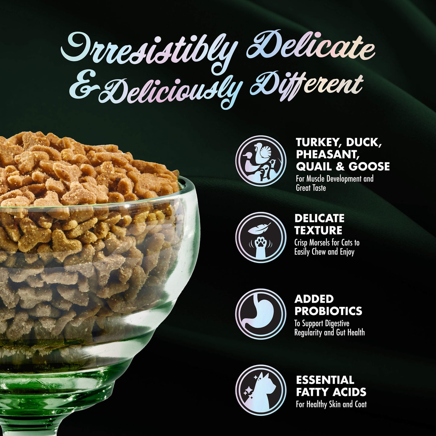 Dog food in a glass bowl with text highlighting features on a black background