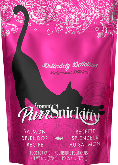 Pink package of PurrrSnickity cat food with a black cat silhouette on a pink background