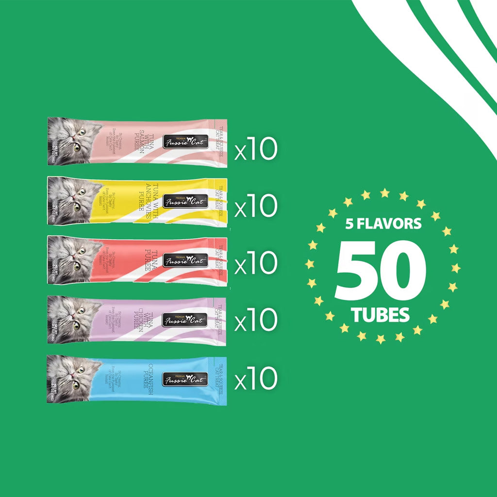 Fussie Cat 5 Flavors Variety Lickable Cat Treats 0.5-oz tube 50 count - Cat Treats 5