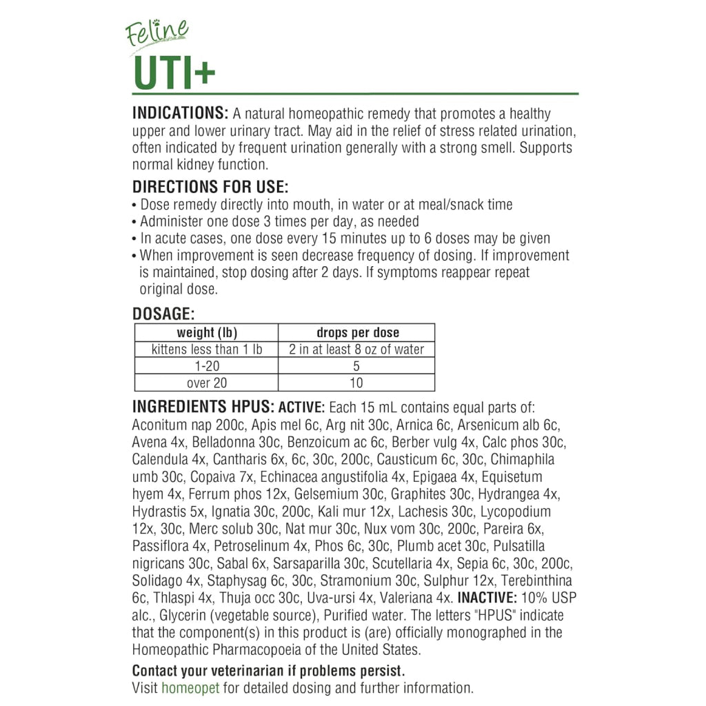 HomeoPet Feline UTI+ Urinary-Tract Support for Cats (15 ml)