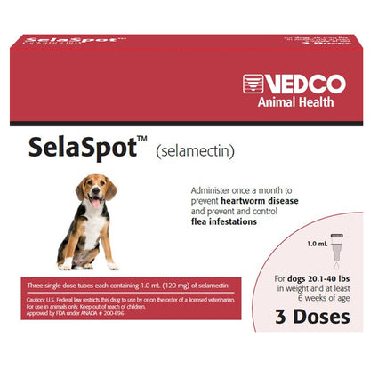 SelaSpot (selamectin) Topical Solution - Dogs 20.1-40 lbs / 3 Doses (3 Months Supply) - Pet Flea & Tick Control