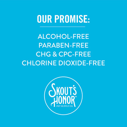 Promotional graphic for Skout's Honor pet supply company with a blue background and white text listing product features.