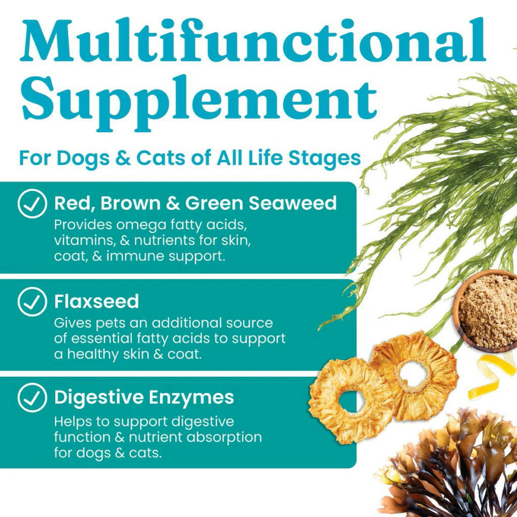 Solid Gold SeaMeal is a multifunctional supplement with natural ingredients that helps maintain your pet's healthy coat.