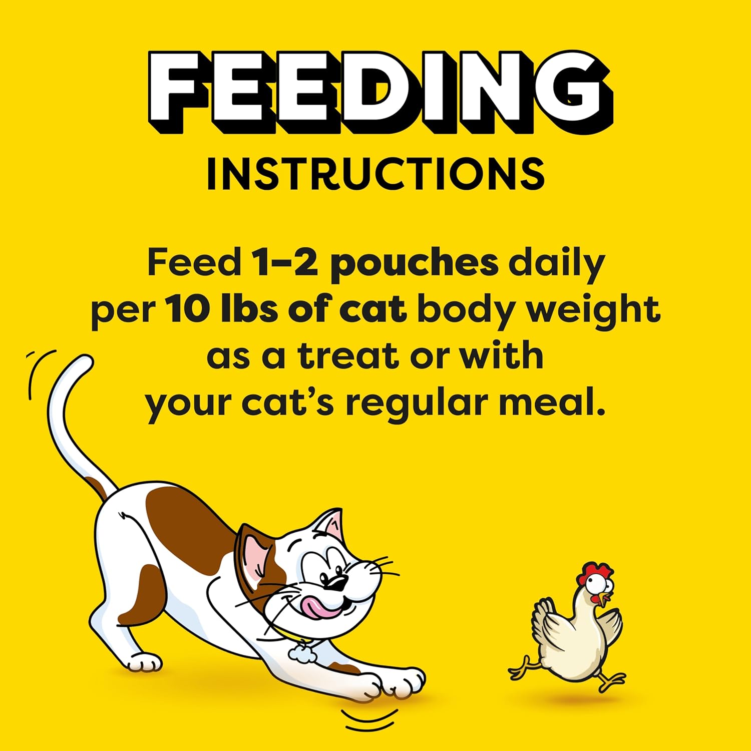 Feeding instructions for a cat product with cartoon cat and chicken on a yellow background