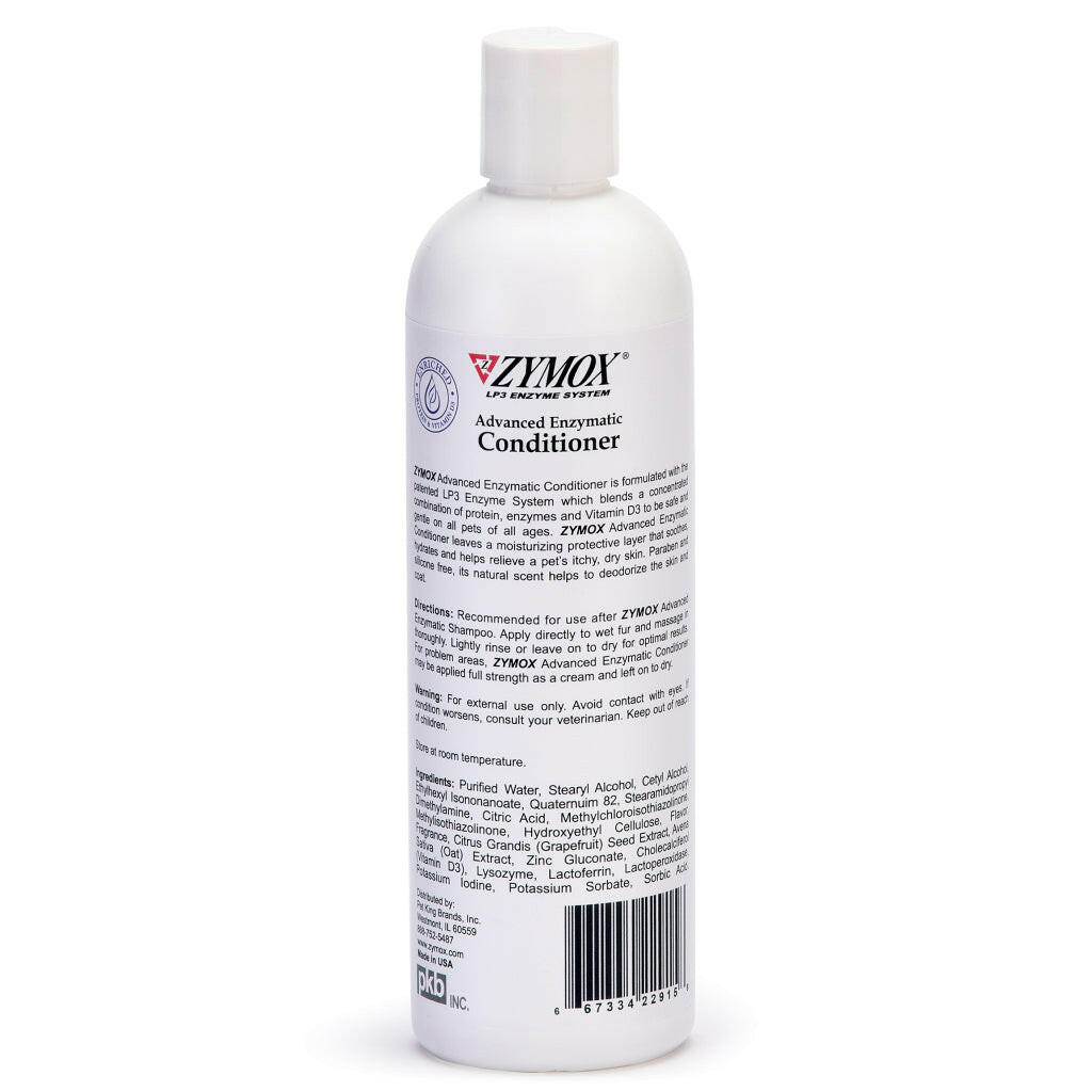 Back label of Zymox Advanced Enzymatic Oatmeal Pet Conditioner Liquid for Dogs & Cats