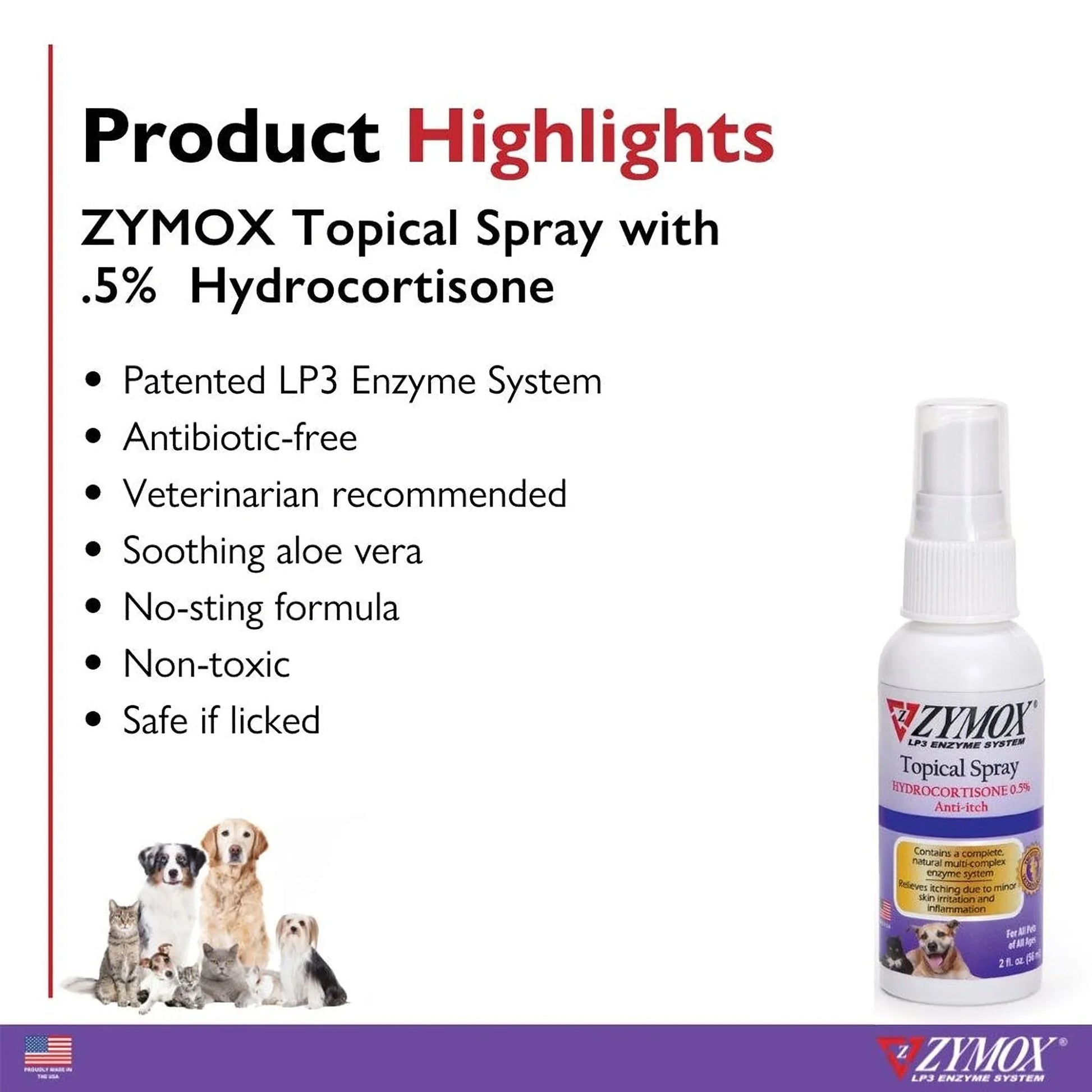 Zymox Enzymatic Itch Relief Hydrocortisone Spray for Dogs & Cats - Product Highlights